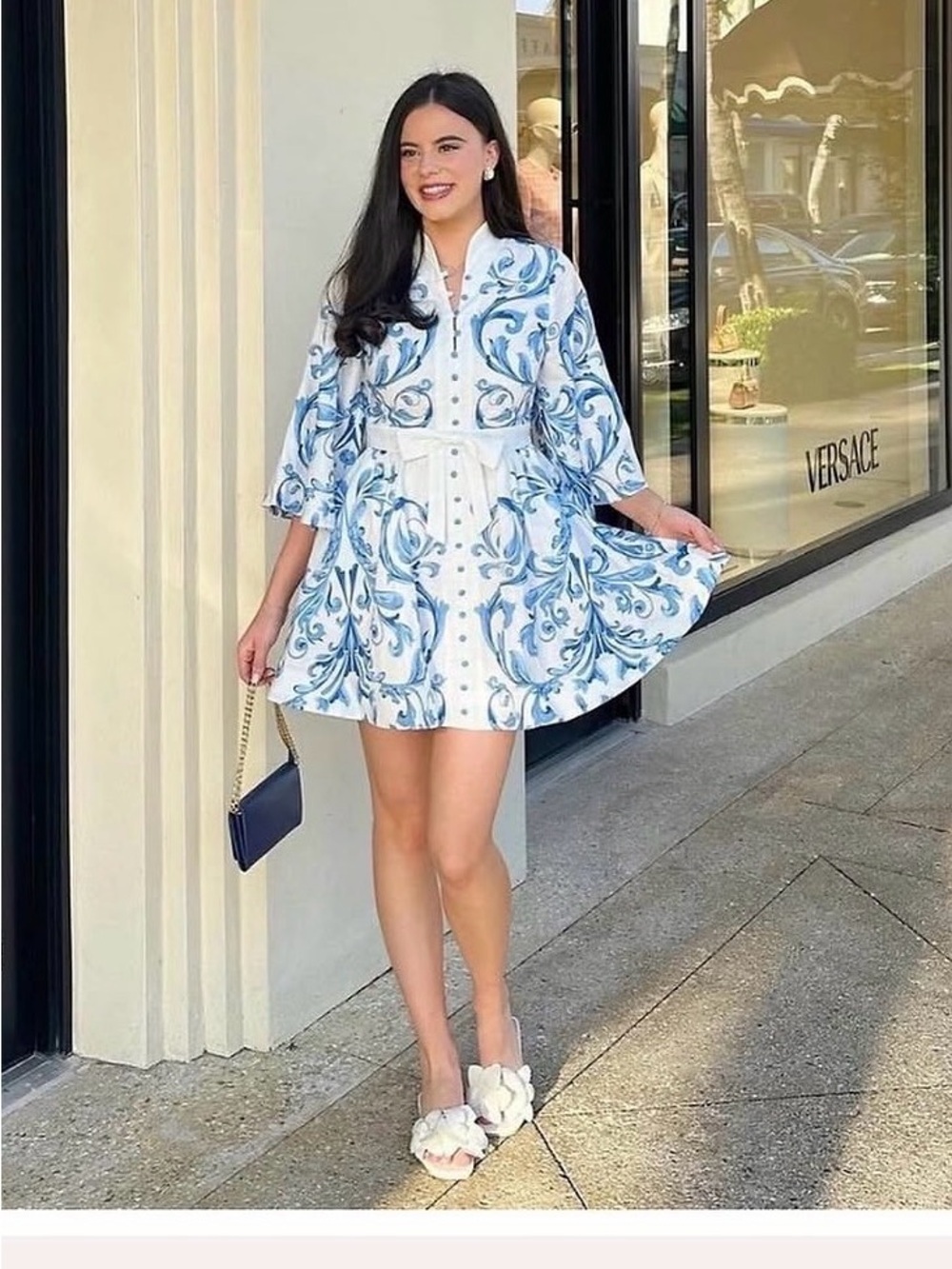 White & Blue Printed Mini Dress with Waist Tie